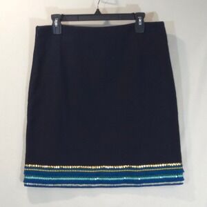 Talbots Navy Blue Embellished Sequin Fringe Cotton Skirt Size 8 NWT